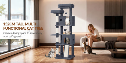 Grande Albero per Gatti, 152cm Tiragraffi, Robusto Albero per Gatti Grandi con Tiragraffi in Sisal, Tavola per Graffiare, 2 Comode Casetta per Gatti, 2 Piattaforme, Pompon, Area Riposo