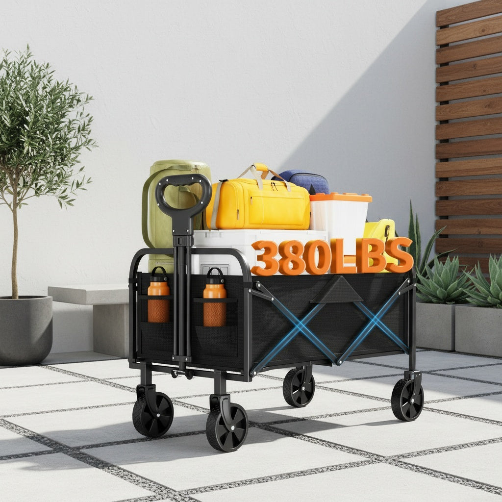 Carrello Pieghevole e Pieghevole, 220L Grande Capacità, Robusto Carrello Multiuso con Carico di 170kg, Ruote Girevoli a 360° All-Terrain da 12.7cm, Telaio in Acciaio, Manico Regolabile, Porta Bicchieri, Carrello Pieghevole Portatile per Giardino Campeggio