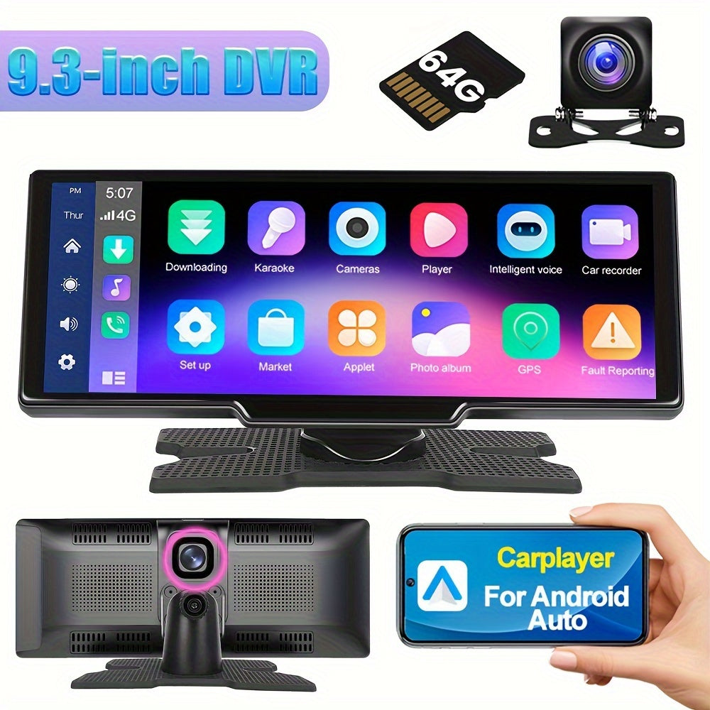 Autoradio da 9,3 pollici CarPlayer wireless per Android Auto, DVR integrato, monitor touch HD IPS, registratore a doppia lente, immagine retromarcia, uscita AUX FM, controllo vocale