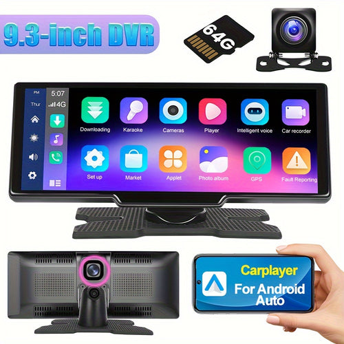Autoradio da 9,3 pollici CarPlayer wireless per Android Auto, DVR integrato, monitor touch HD IPS, registratore a doppia lente, immagine retromarcia, uscita AUX FM, controllo vocale