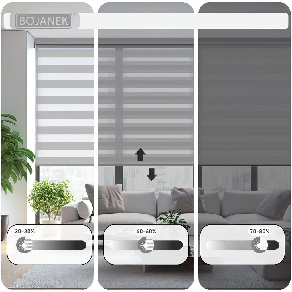 Tenda a Rullo Giorno & Notte - Grigio Chiaro - 32 Misure - BOJANEK Giorno & Notte - Installazione Finestra Non Invasiva, Nessuna Foratura Richiesta, Regolazione a Catena, Supporti Regolabili per Varie Spessori di Finestre, Design Moderno, Protezione dalla