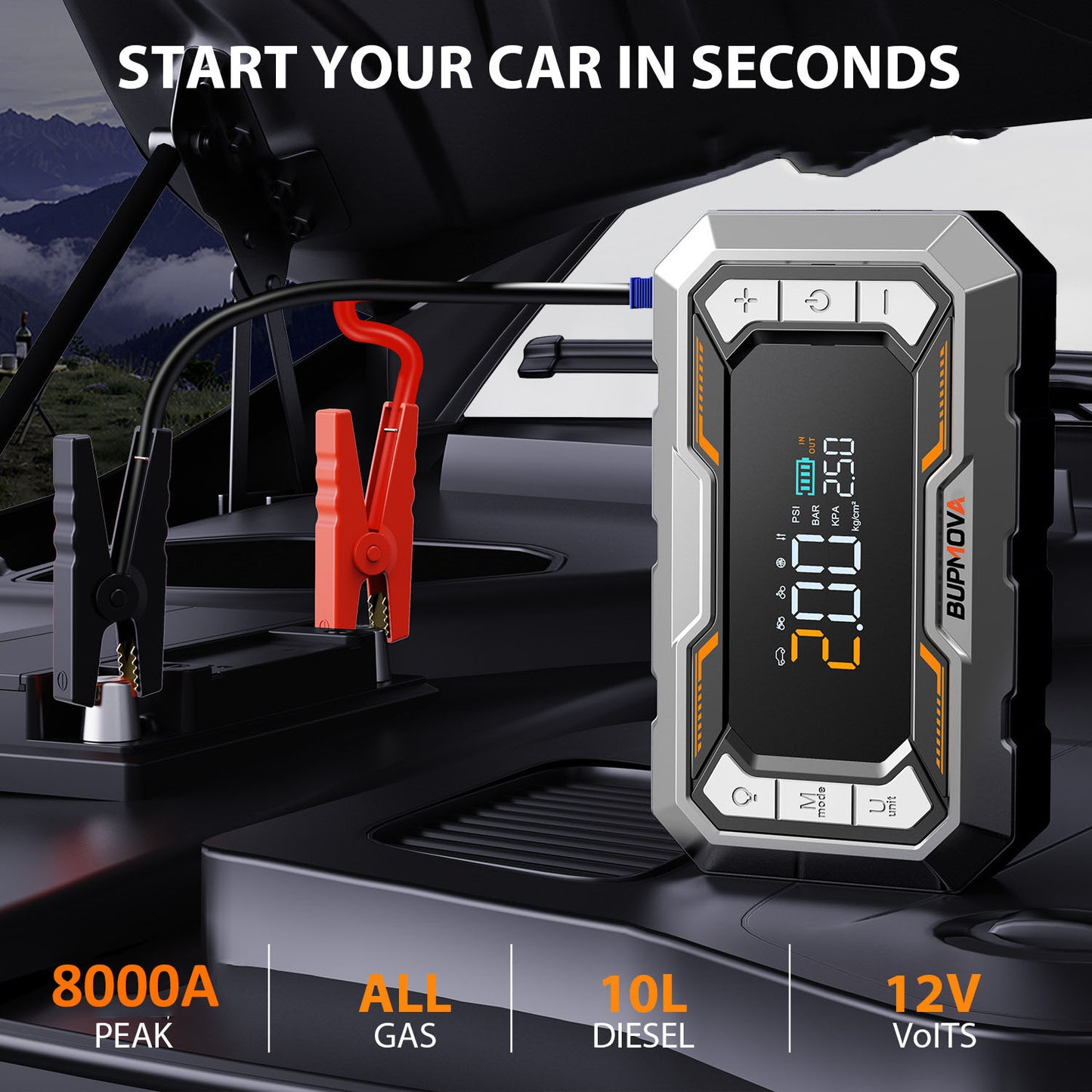 Avviatore di emergenza per auto 8000A con compressore d'aria, pompa di gonfiaggio cordless per pneumatici, booster di batteria con power bank e torce a LED, doppio display della pressione dell'aria