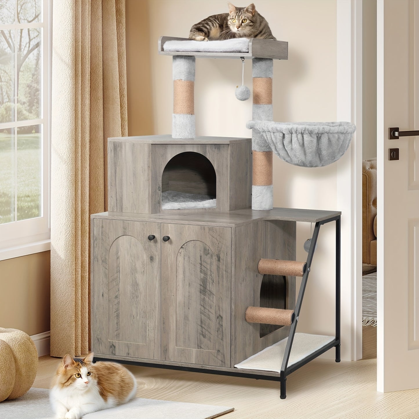 Albero per gatti con mobiletto per lettiera, mobiletto per gatti, casetta moderna 4-in-1 con ampia piattaforma, casetta per gatti con tappetino grattigio in sisal, pali, scale e pompon, cuscini lavabili, grigio-ghiaccio
