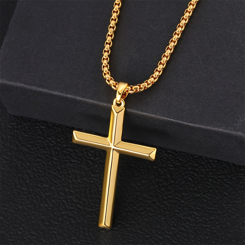 Questo elegante e raffinato collana con ciondolo da uomo è realizzata in argento 925 e placcata in oro 18 carati. Include una catena a scatola e un ciondolo a croce tridimensionale.