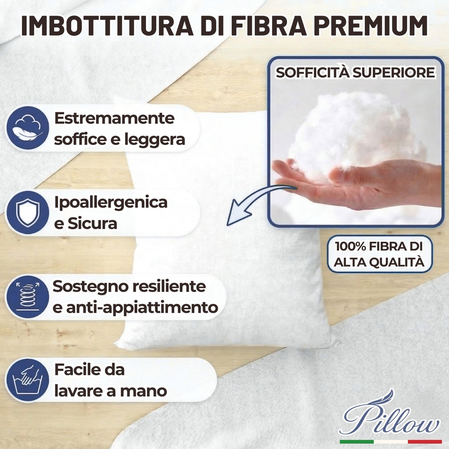 4 Imbottitura Cuscini 50x50, Set da 4 Cuscini per Divano Anallergici Morbidi e Soffici, Cuscino Interno Quadrato Prodotto in Italia, Facile da Lavare