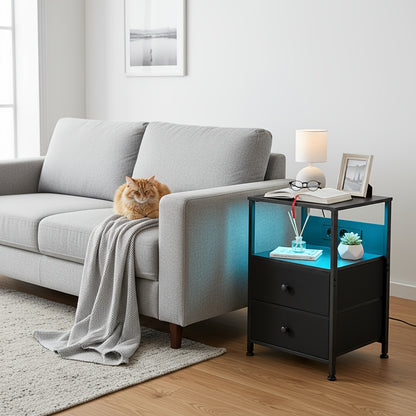 AMHANCIBLE Set Comodino 1/2 pezzi, Cassettiera in Tessuto con Dock di Ricarica, Tavolino da Letto, Comodino con Due Cassetti in Tessuto, Comodino Piccolo per Camera da Letto, Comodino a Quattro Ripiani, Adatto per Camera da Letto, Soggiorno. Nero, Marrone