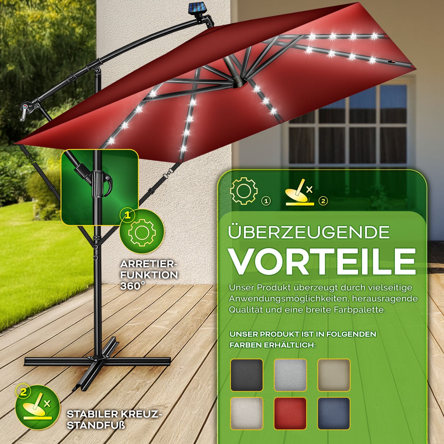 Tillvex® Tenda da Sole Rettangolare in Alluminio con LED Solare Ø 330 Cm + Copertura con Manovella | Ombrello Angolare con Luce Stradale, Supporto e Parabrezza | Grande Ombrello da Giardino in Alluminio con Protezione UV | Ombrello con Manovella, Ombrello