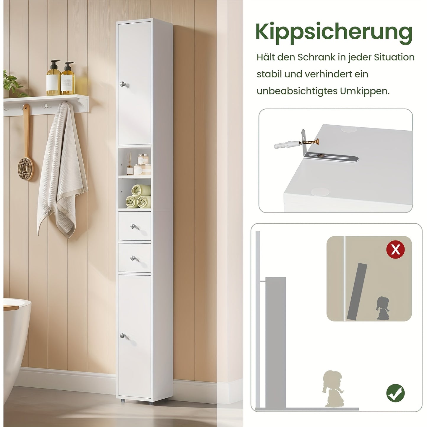 1pezzo Armadio da Bagno, Armadio da Bagno Stretto e Alto con Cassetti, Compartimenti per Mobili da Bagno, Ripiani Regolabili, Porte, Bianco, MDF, 20 x 180 x 20 cm