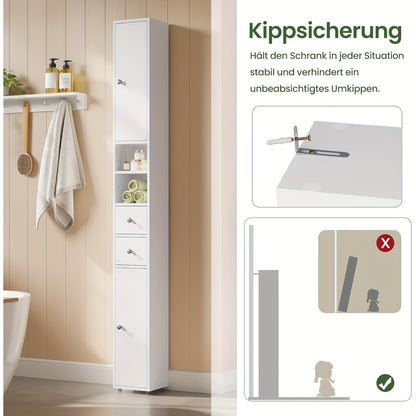 1pezzo Armadio da Bagno, Armadio da Bagno Stretto e Alto con Cassetti, Compartimenti per Mobili da Bagno, Ripiani Regolabili, Porte, Bianco, MDF, 20 x 180 x 20 cm