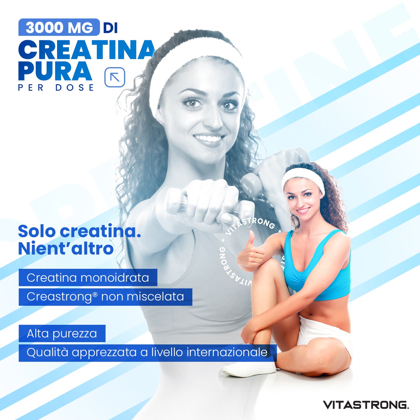 Creatina Monoidrata 3000 mg CreaStrong, Creatina in Polvere Senza Additivi, Creatina Vitastrong 250 g Solubile