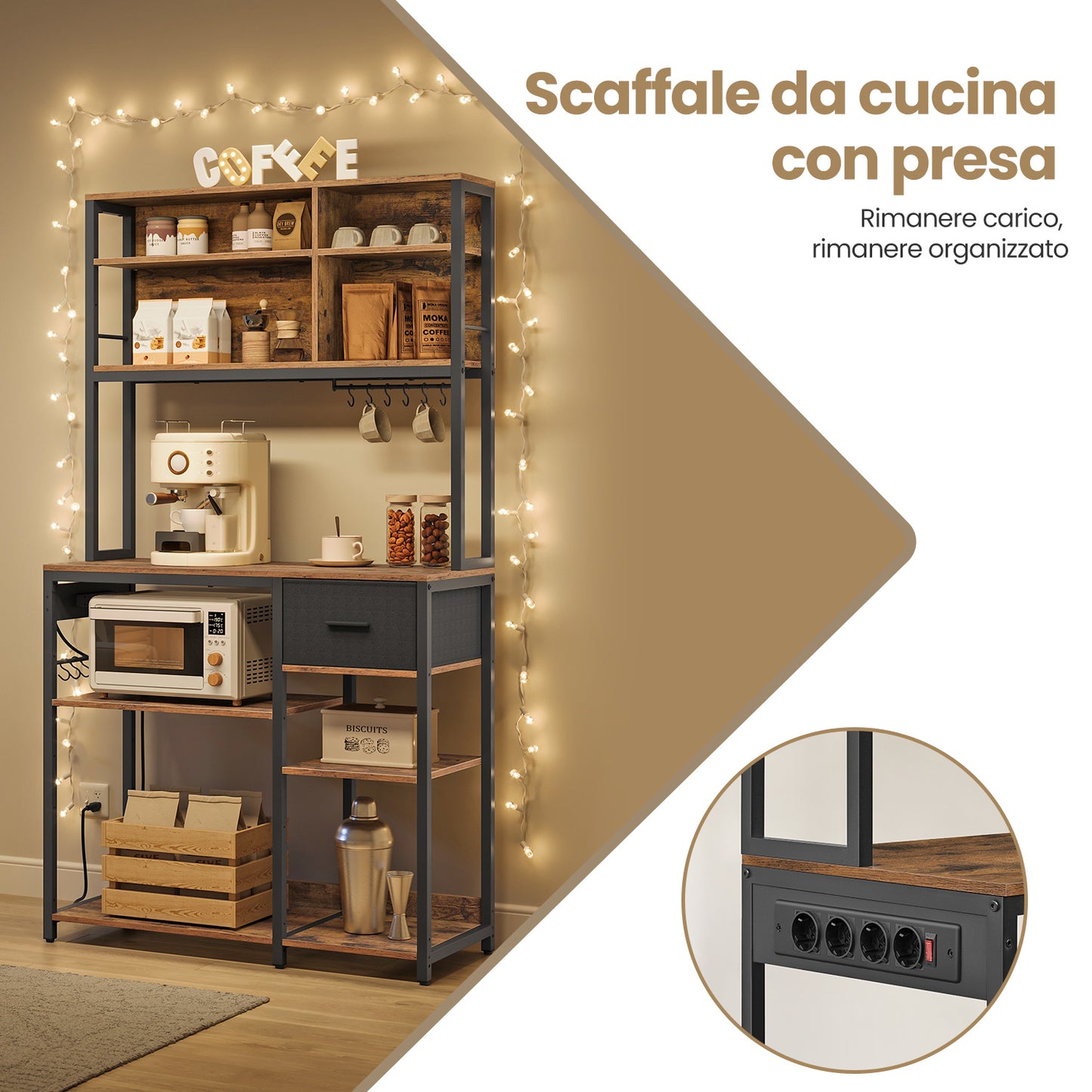 Scaffale Cucina con Multipresa, Mobile Cucina con Ripiani Regolabili, Cassetto in Tessuto, 12 Ganci, 40 x 100 x 180,4 cm, Scaffale per Microonde