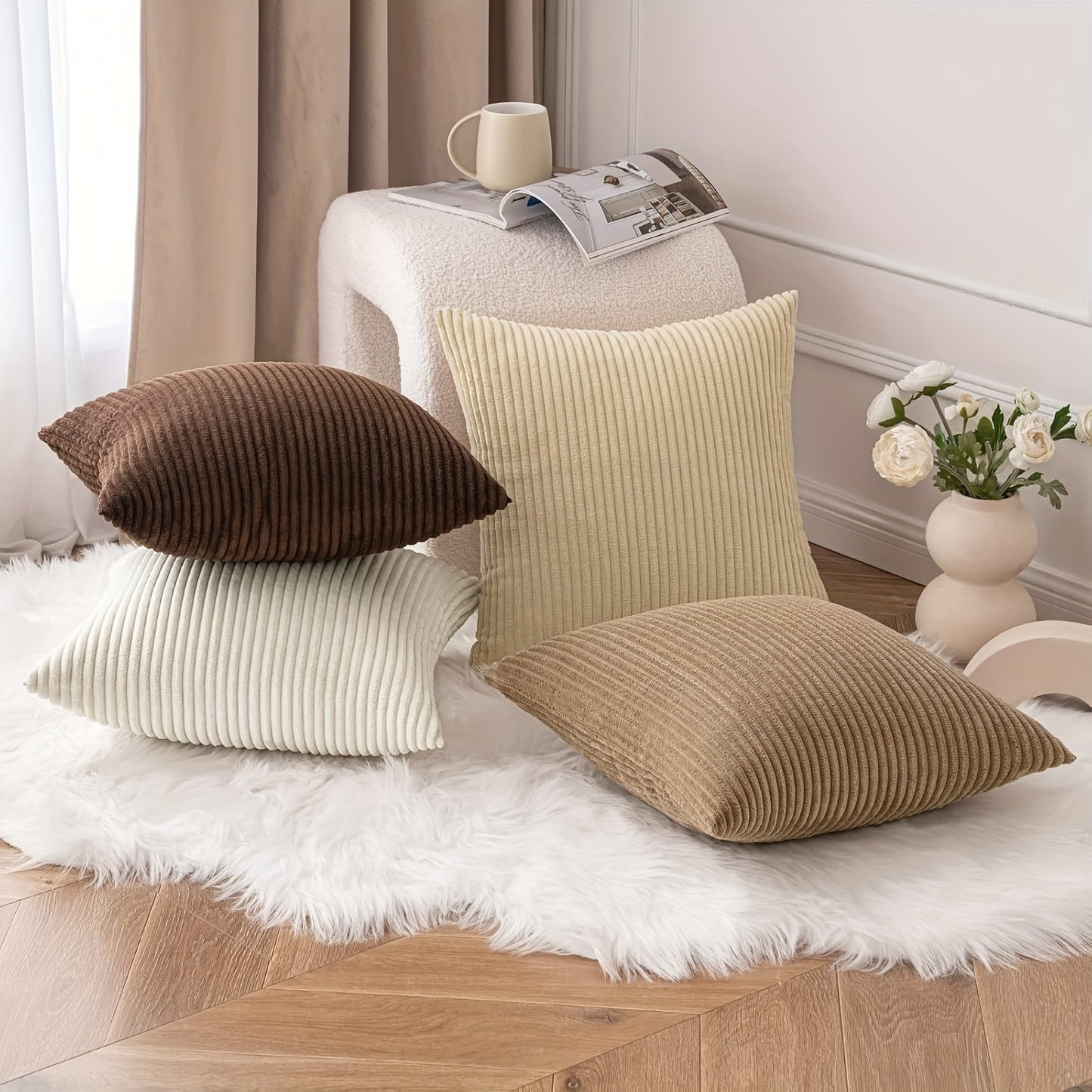 4 Coperture Cuscini Decorativi Morbide a Righe, Stile Bohémien in Velluto a Coste, Copricuscino Quadrato in Velluto a Coste, Copertura Cuscino Moderna e Confortevole per Divano, Soggiorno, da Letto, Arredamento Rustico, Cuscino Interno Non Incluso