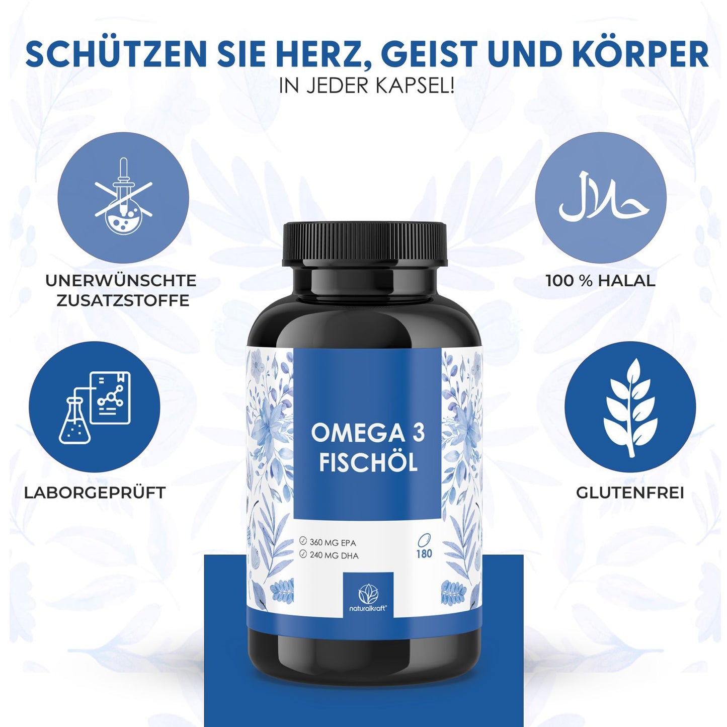 NATURALKRAFT® Olio di Pesce Omega 3 Premium – 2000 mg di Olio di Pesce per Dose Giornaliera con 600 mg di Omega-3, 360 mg di EPA & 240 mg di DHA – Alta Dosaggio, Testato in Laboratorio – 180 Capsule