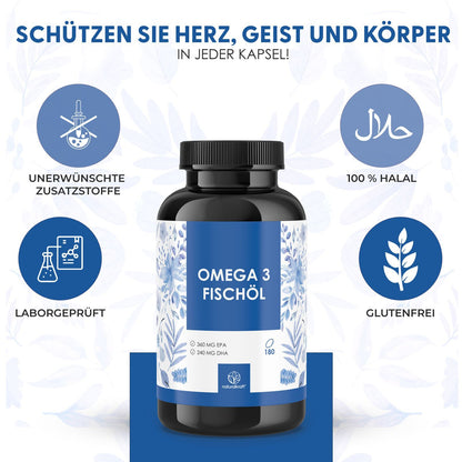 NATURALKRAFT® Olio di Pesce Omega 3 Premium – 2000 mg di Olio di Pesce per Dose Giornaliera con 600 mg di Omega-3, 360 mg di EPA & 240 mg di DHA – Alta Dosaggio, Testato in Laboratorio – 180 Capsule