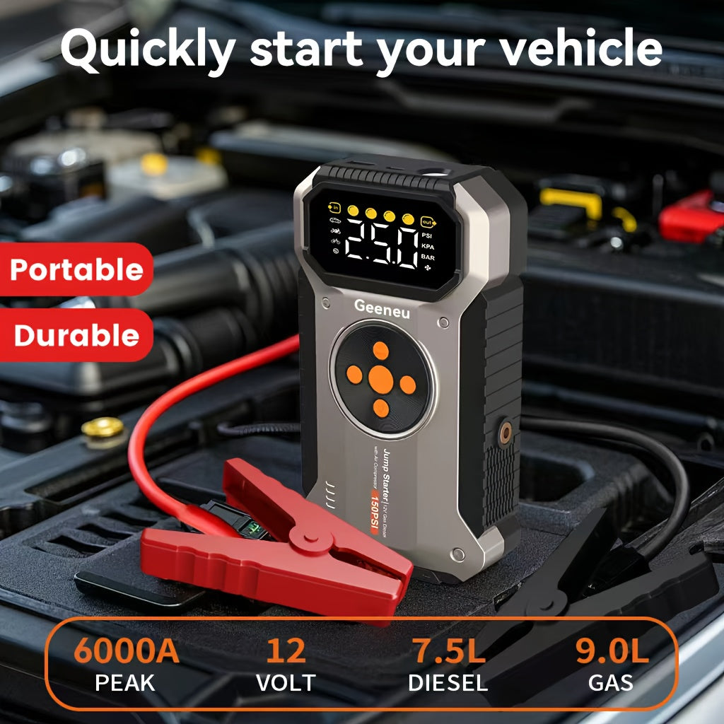 Power Bank Avviatore 12000mAh con Compressore d'Aria 150 PSI, Booster Batteria Auto 12V 6000 A con Pompa d'Aria per Benzina 7.5L o Diesel 6.0L, Scatola Avviamento Portatile 5-in-1 con Display LCD e Luci LED, Avviatore con Compressore d'Aria