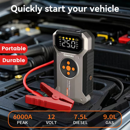 Power Bank Avviatore 12000mAh con Compressore d'Aria 150 PSI, Booster Batteria Auto 12V 6000 A con Pompa d'Aria per Benzina 7.5L o Diesel 6.0L, Scatola Avviamento Portatile 5-in-1 con Display LCD e Luci LED, Avviatore con Compressore d'Aria