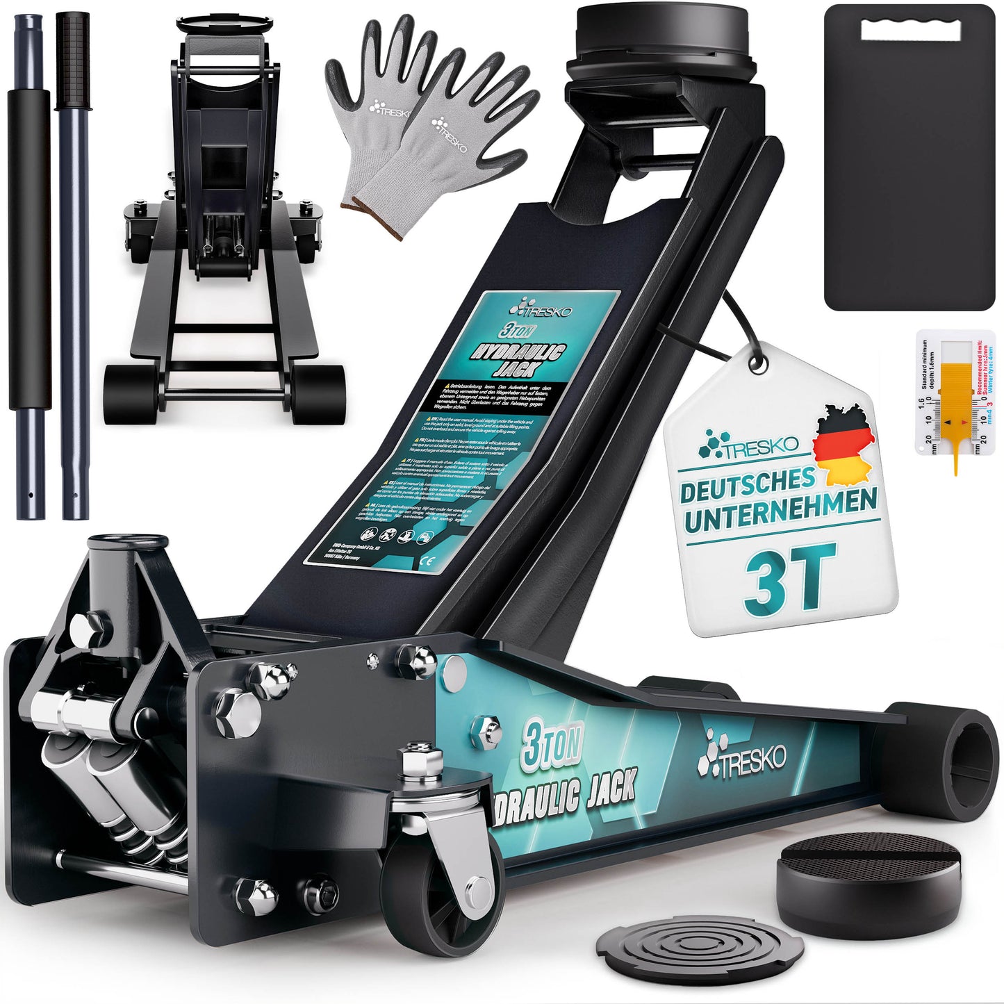Cric idraulico per auto TRESKO® 2.5 - 3T | Cric idraulico per spostamento auto e SUV con ruote piane e a 360°, include 2 guarnizioni in gomma, tappetino protettivo, guanti