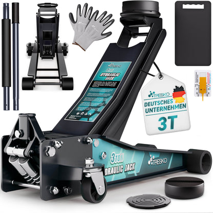 Cric idraulico per auto TRESKO® 2.5 - 3T | Cric idraulico per spostamento auto e SUV con ruote piane e a 360°, include 2 guarnizioni in gomma, tappetino protettivo, guanti