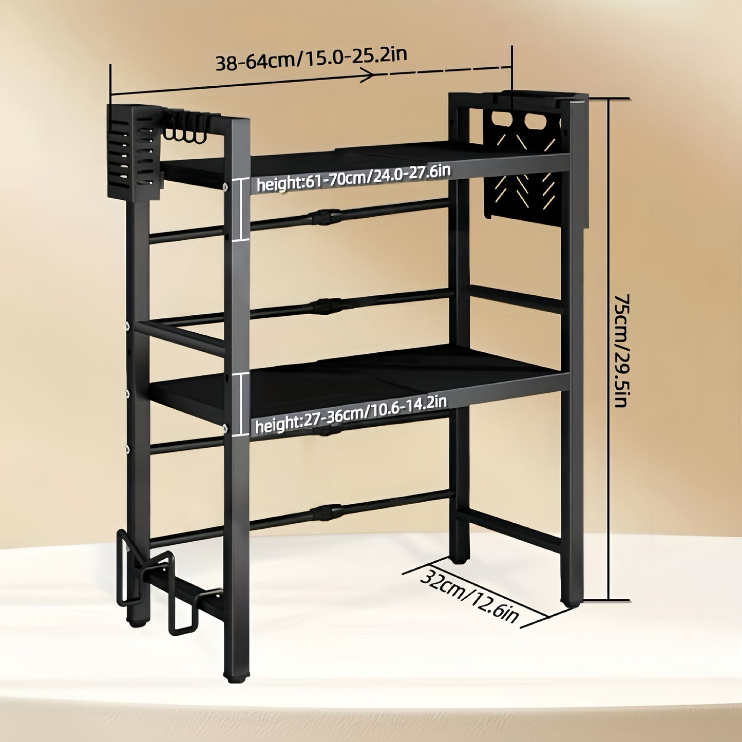 Scaffale per microonde espandibile in metallo resistente a 2/3 ripiani con 6 ganci, scaffale per condimenti, scaffale portaoggetti, ripiano da cucina regolabile salvaspazio, organizer da appoggio, robusto ripiano sopra l'armadio, facile da montare, forno