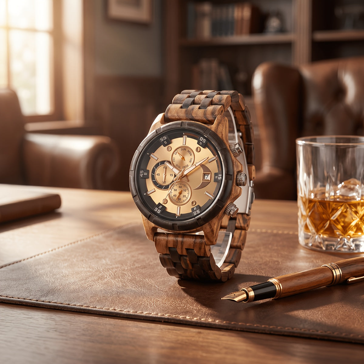 Orologi da Polso in Legno per Uomo, Orologi al Quarzo alla Moda con Data, Settimana e Ora, Scatola in Legno per Lui