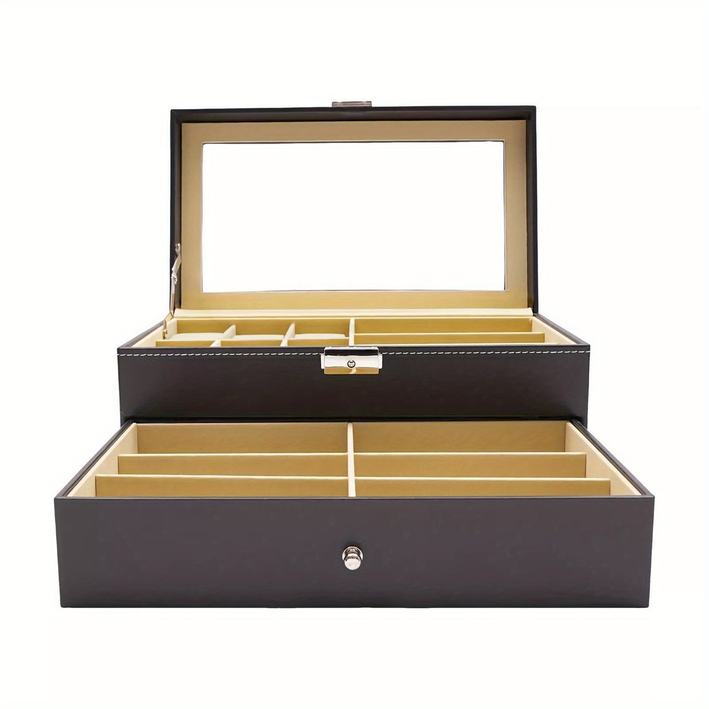 Porta Orologi in Ecopelle Nera, Custodia per Gioielli, Porta Occhiali da Vista e Porta Occhiali da Sole con Cassetto Espositore e Serratura (Porta Occhiali a 9 Scomparti e Porta Orologi a 6 Scomparti)