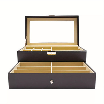 Porta Orologi in Ecopelle Nera, Custodia per Gioielli, Porta Occhiali da Vista e Porta Occhiali da Sole con Cassetto Espositore e Serratura (Porta Occhiali a 9 Scomparti e Porta Orologi a 6 Scomparti)