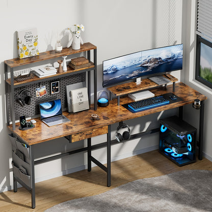 Scrivania da gaming reversibile con luce LED e presa di corrente, scrivania per computer a L con angolo ribaltabile, scrivania angolare ergonomica con ripiani, cassetti e borse, tavolo da gioco con mensola soprastante e supporto per monitor, per ufficio a
