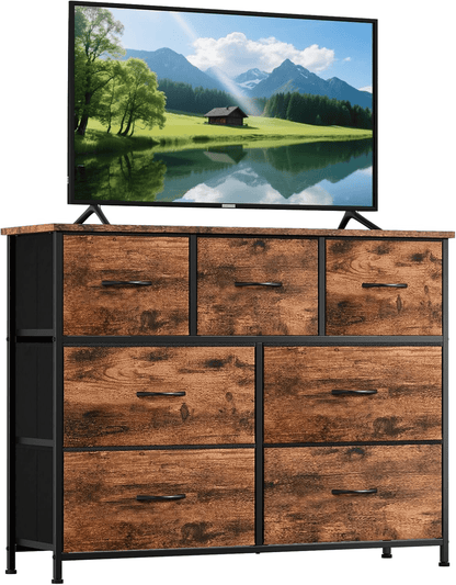 Cassettiera con cassetti, Cassettiera in tessuto per camera da letto, soggiorno, corridoio, Credenza, Mobile con cassetti, Mobile portaoggetti, 7 cassetti in tessuto, Effetto venatura del legno