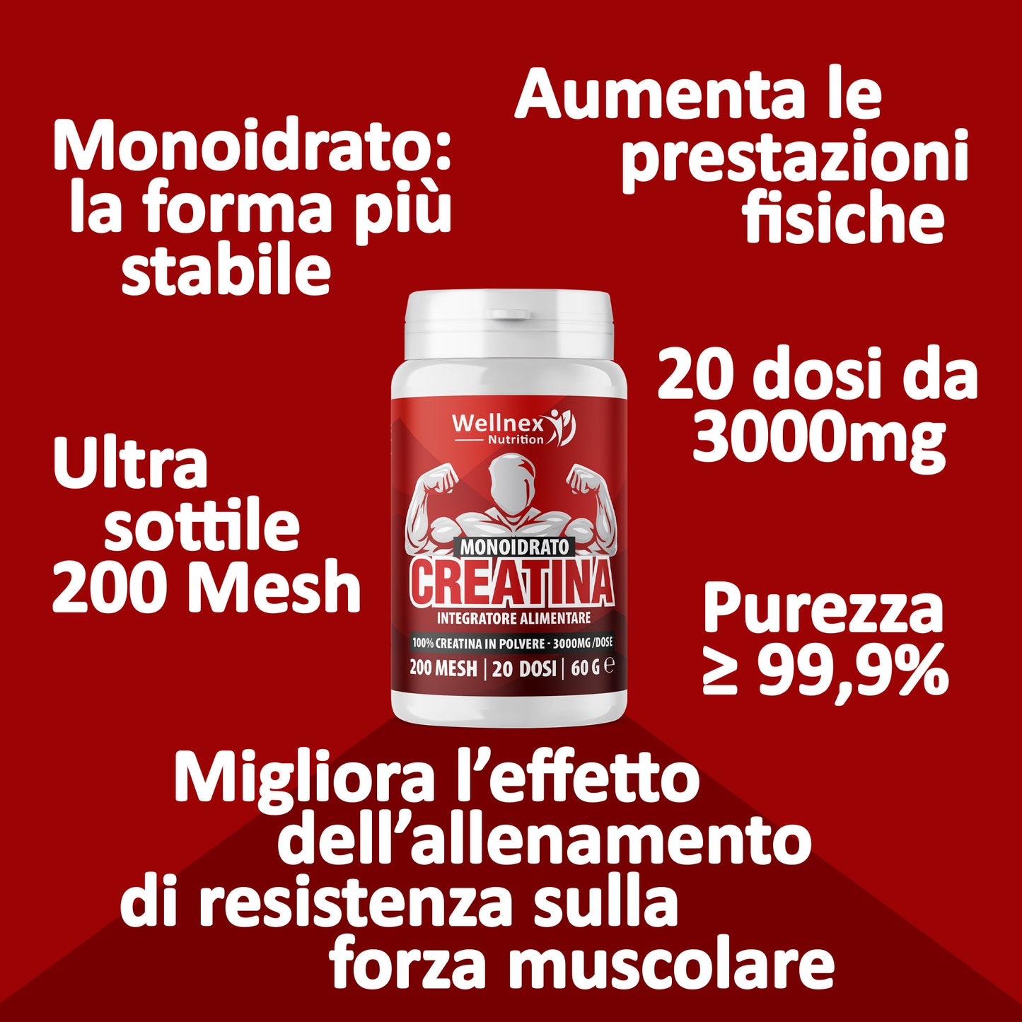 Creatina Monoidrato 3000mg / dose | 60g - 20 Dosi | Creatina in Polvere 200 Mesh | Purezza 99,9 Min. Integratore alimentare a base di Creatina