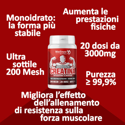 Creatina Monoidrato 3000mg / dose | 60g - 20 Dosi | Creatina in Polvere 200 Mesh | Purezza 99,9 Min. Integratore alimentare a base di Creatina