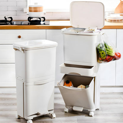 Cestino per Rifiuti da Cucina, 3 Scomparti, 42L Sistema di Separazione Rifiuti in Plastica Riciclata, Cestino a Pedale con Coperchio e Ruote per Cucina, Casa, Ufficio