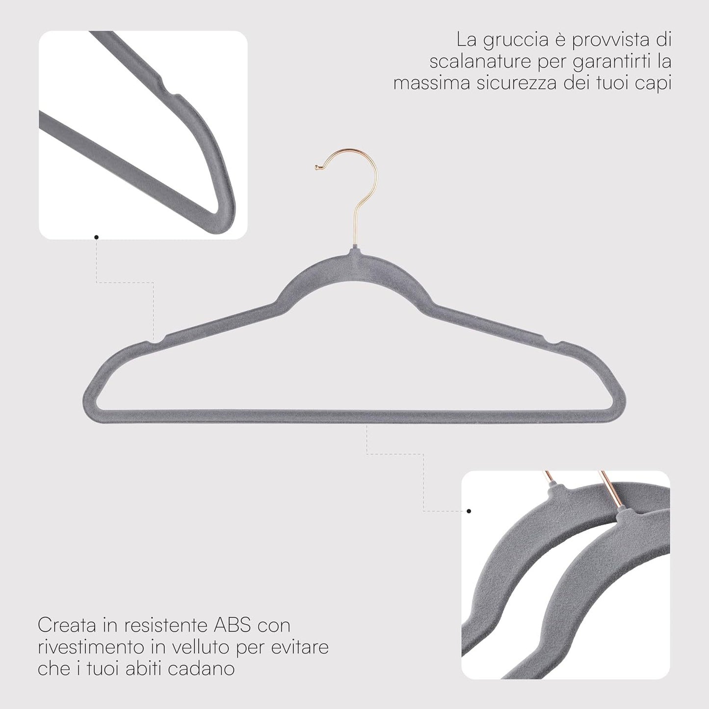 Baroni Home Grucce in Velluto Salvaspazio 44,5 cm – Appendiabiti Antiscivolo con Gancio in Oro o Argento – Design Elegante e Ultra Sottile, Ideali per Vestiti, Camicie, Cappotti – Alta Capacità di Carico – Set da 20 o 50 Pezzi per Organizzare al Meglio il