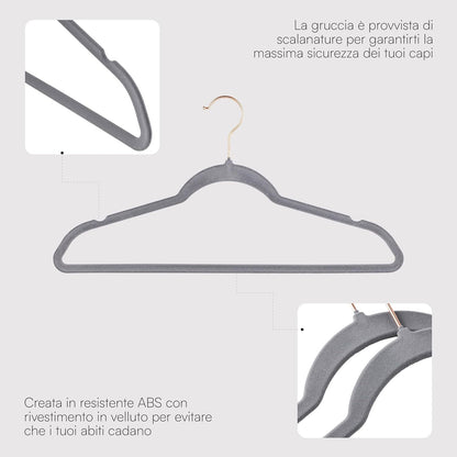 Baroni Home Grucce in Velluto Salvaspazio 44,5 cm – Appendiabiti Antiscivolo con Gancio in Oro o Argento – Design Elegante e Ultra Sottile, Ideali per Vestiti, Camicie, Cappotti – Alta Capacità di Carico – Set da 20 o 50 Pezzi per Organizzare al Meglio il
