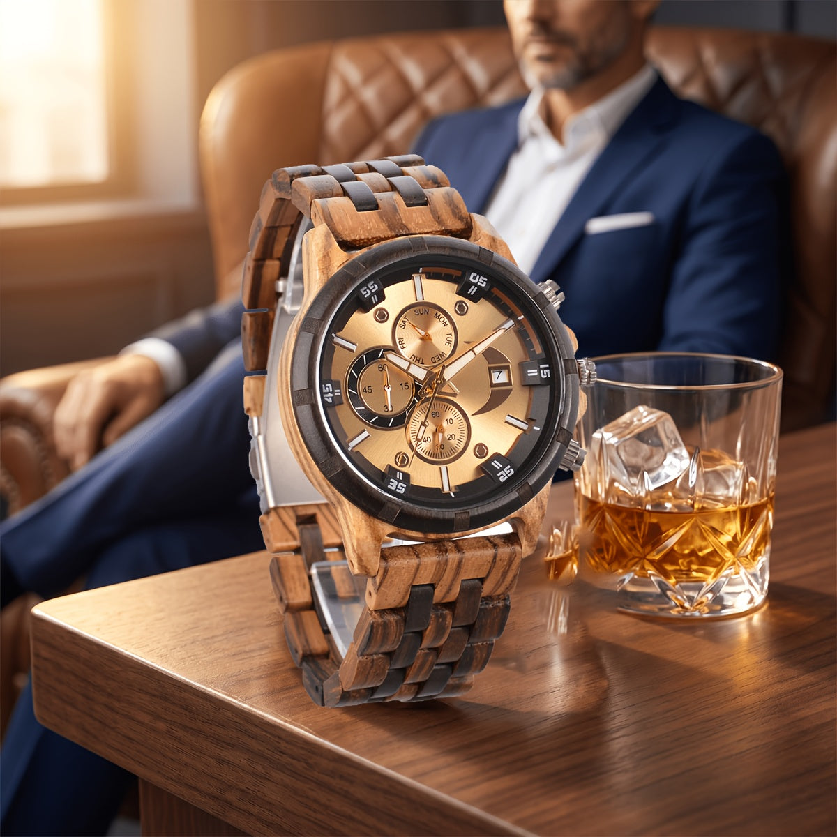 Orologi da Polso in Legno per Uomo, Orologi al Quarzo alla Moda con Data, Settimana e Ora, Scatola in Legno per Lui