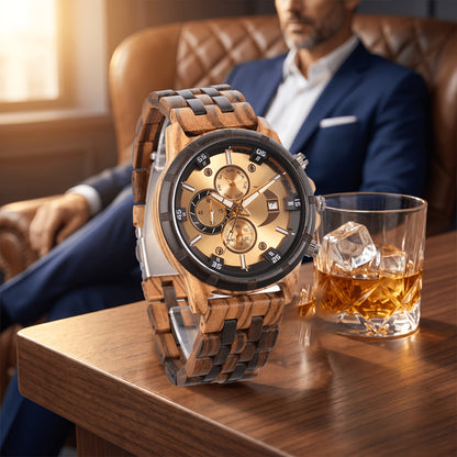Orologi da Polso in Legno per Uomo, Orologi al Quarzo alla Moda con Data, Settimana e Ora, Scatola in Legno per Lui