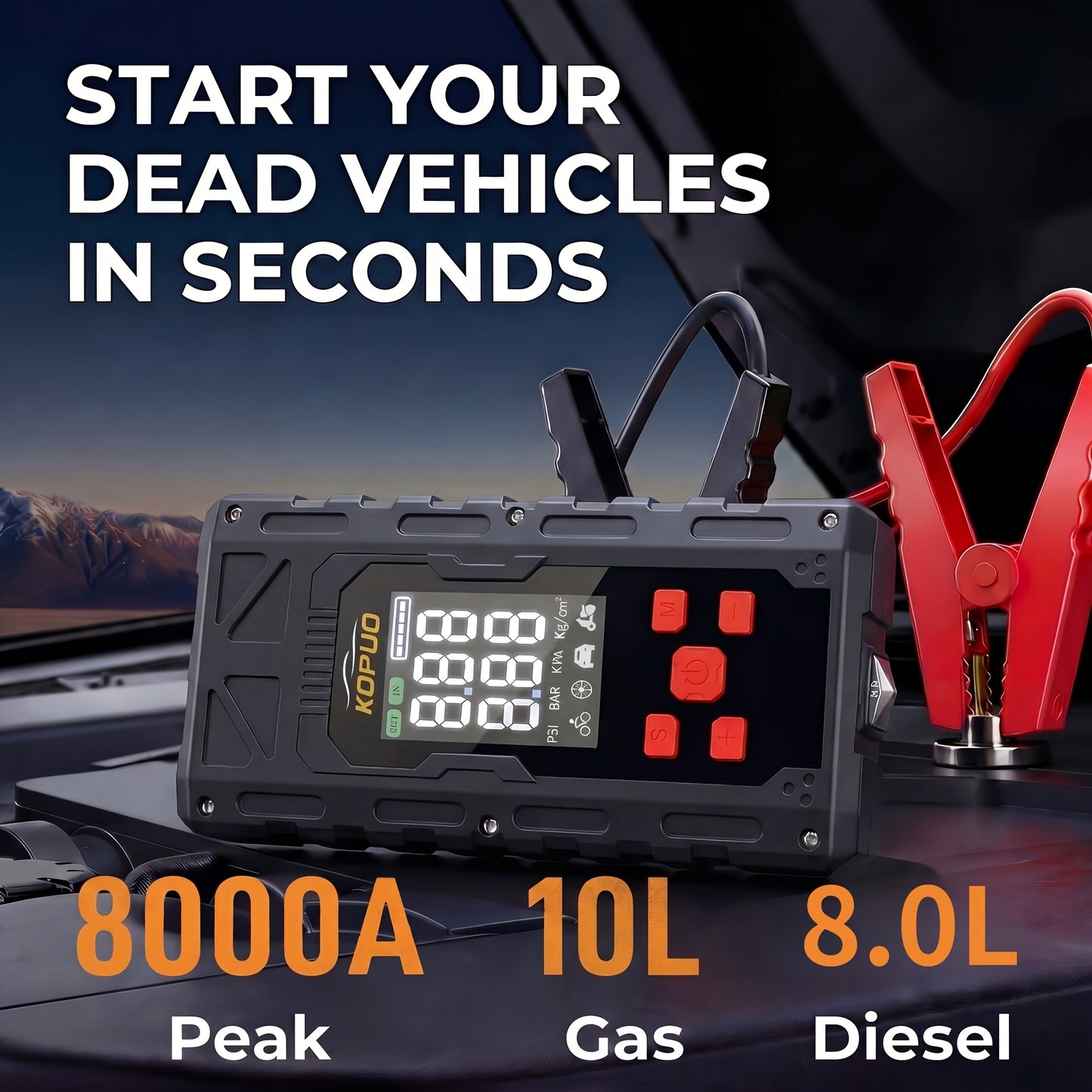 KOPUO 8000A Avviatore di emergenza per auto con compressore d'aria 150PSI, Booster di batteria di emergenza 12V con martello di sicurezza, fino a motore a benzina da 10L/diesel da 8.0L, Power bank 9-in-1 con display LCD e luce di emergenza LED