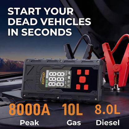 KOPUO 8000A Avviatore di emergenza per auto con compressore d'aria 150PSI, Booster di batteria di emergenza 12V con martello di sicurezza, fino a motore a benzina da 10L/diesel da 8.0L, Power bank 9-in-1 con display LCD e luce di emergenza LED