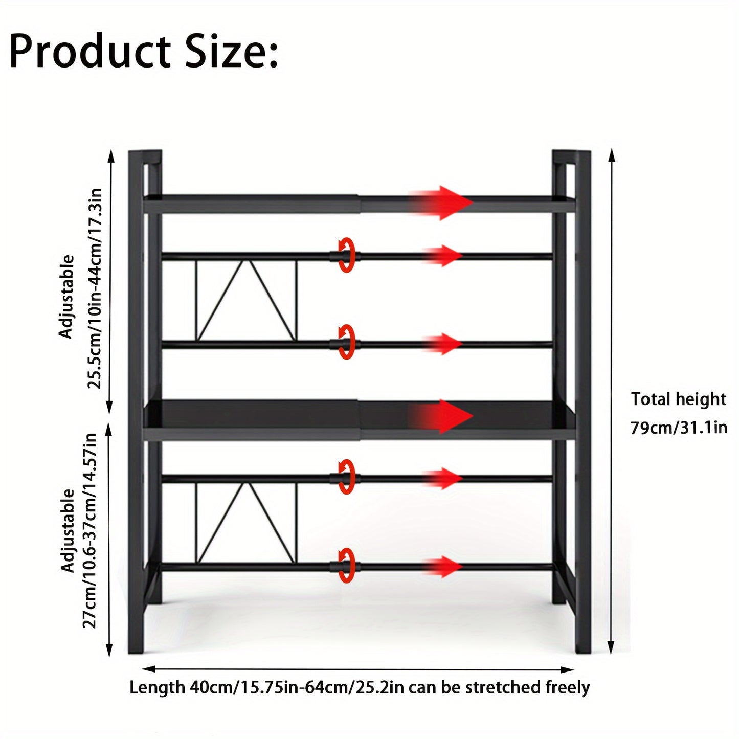 Scaffale per Microonde 3 Ripiani Estendibile con 6 Ganci, Mensola da Cucina, Porta Spezie, Organizzatore per Armadio Microonde, Nero, Estendibile da 40 a 64 cm