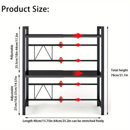 Scaffale per Microonde 3 Ripiani Estendibile con 6 Ganci, Mensola da Cucina, Porta Spezie, Organizzatore per Armadio Microonde, Nero, Estendibile da 40 a 64 cm