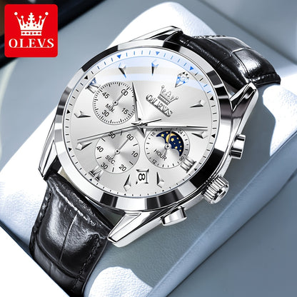 OLEVS Orologio da Uomo Classico Cronografo Cuoio Marrone Cassa Dorata Analogico Quarzo Moda Business Abito Quadrante Grande Orologio da Uomo Giorno Data Luminoso Casual Orologio da Polso Maschile Regali Romantici Relojes De Hombre Quadrante Blu/Nero/Bianc