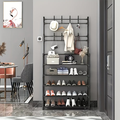 Scaffale per Scarpe - Appendiabiti Salvaspazio, Scaffale a 5 Ripiani con 8 Ganci, Struttura Robusta in Metallo Dorato/Plastica, Design Autoportante o da Parete per Casa, Ufficio e Negozio - Ideale per Scarpe, Cappotti, Cappelli, ecc., Regalo per Halloween