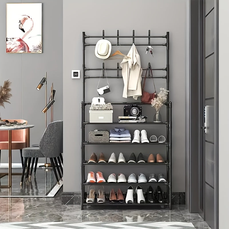 Scaffale per Scarpe - Appendiabiti Salvaspazio, Scaffale a 5 Ripiani con 8 Ganci, Struttura Robusta in Metallo Dorato/Plastica, Design Autoportante o da Parete per Casa, Ufficio e Negozio - Ideale per Scarpe, Cappotti, Cappelli, ecc., Regalo per Halloween