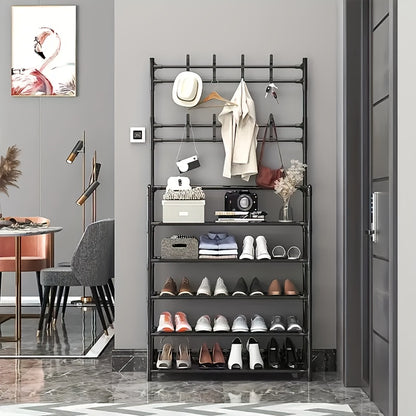 Scaffale per Scarpe - Appendiabiti Salvaspazio, Scaffale a 5 Ripiani con 8 Ganci, Struttura Robusta in Metallo Dorato/Plastica, Design Autoportante o da Parete per Casa, Ufficio e Negozio - Ideale per Scarpe, Cappotti, Cappelli, ecc., Regalo per Halloween