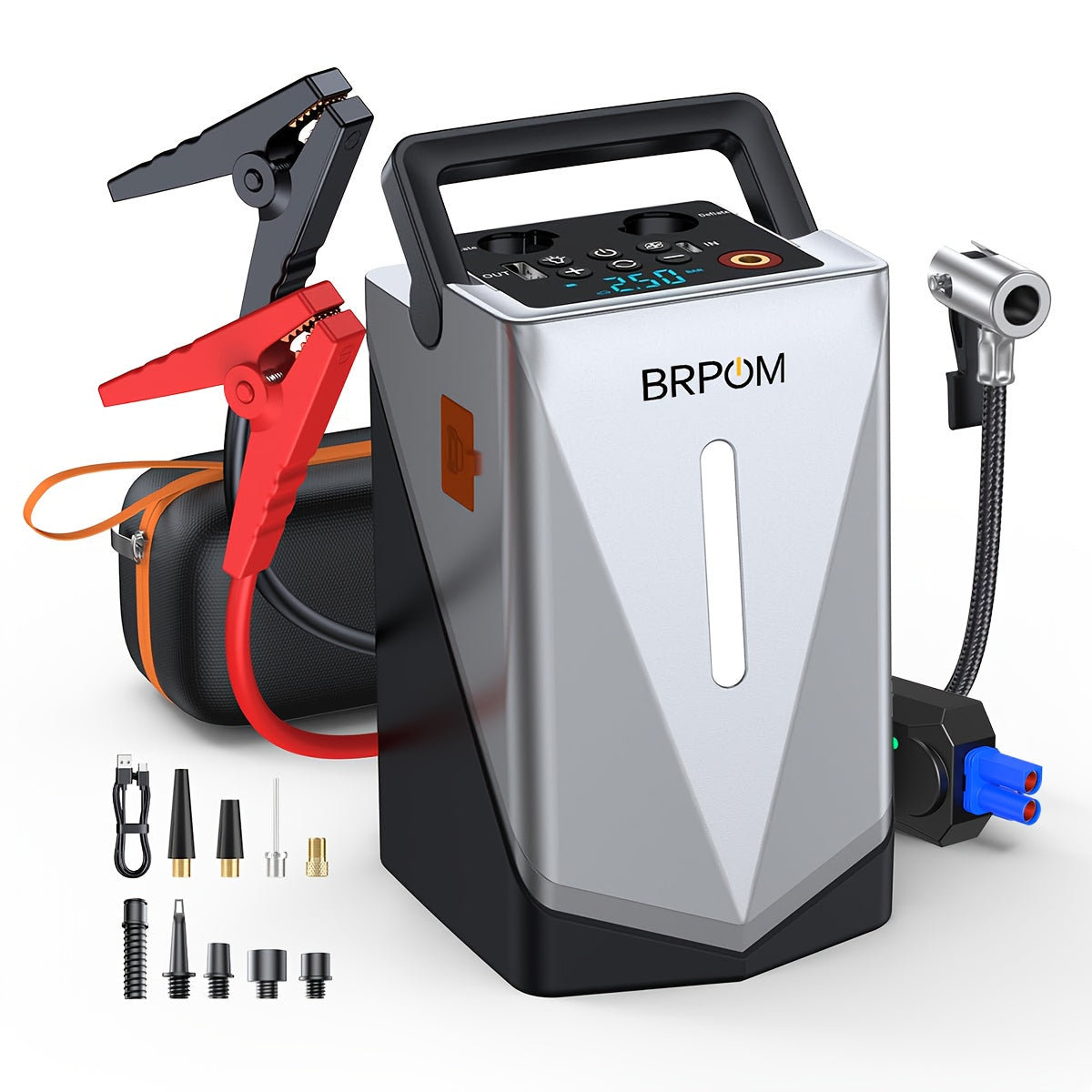 BRPOM Avviatore per Auto con Compressore d'Aria Pompa Gonfia Ruote Ricarica Batteria Senza Fili, (Fino a Tutti i Motori a Benzina e Diesel da 10.0L), Power Bank Avviatore per Auto 12V con Torcia LED
