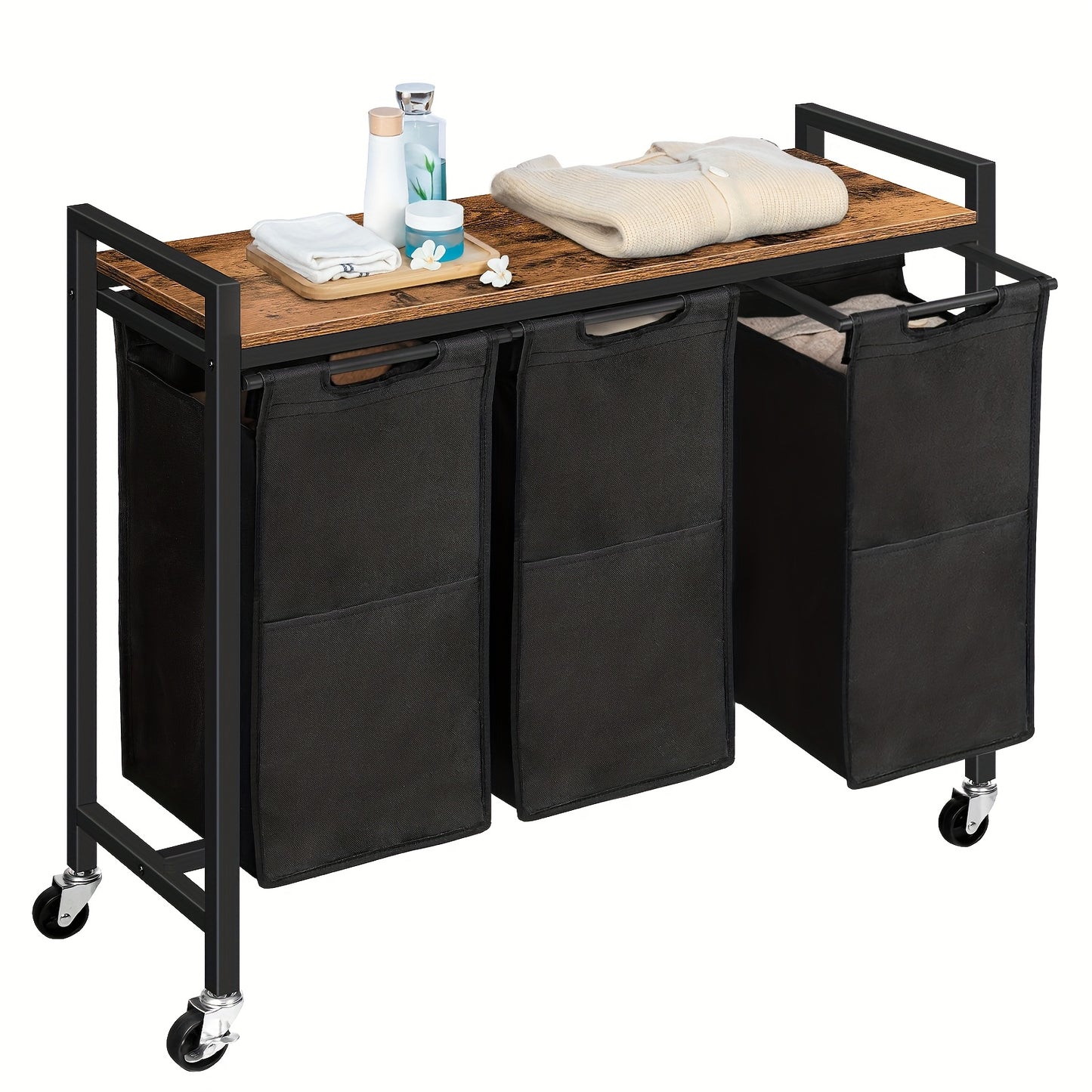 Cesto per la biancheria 3 scomparti, raccoglitore per la biancheria con ripiano, scatola per la biancheria, carrello per la biancheria, 3 X 39.8 L, sacco per la biancheria realizzato in tessuto Oxford, 84 X 33 X 74.5 Cm, marrone-nero vintage, cesti per la