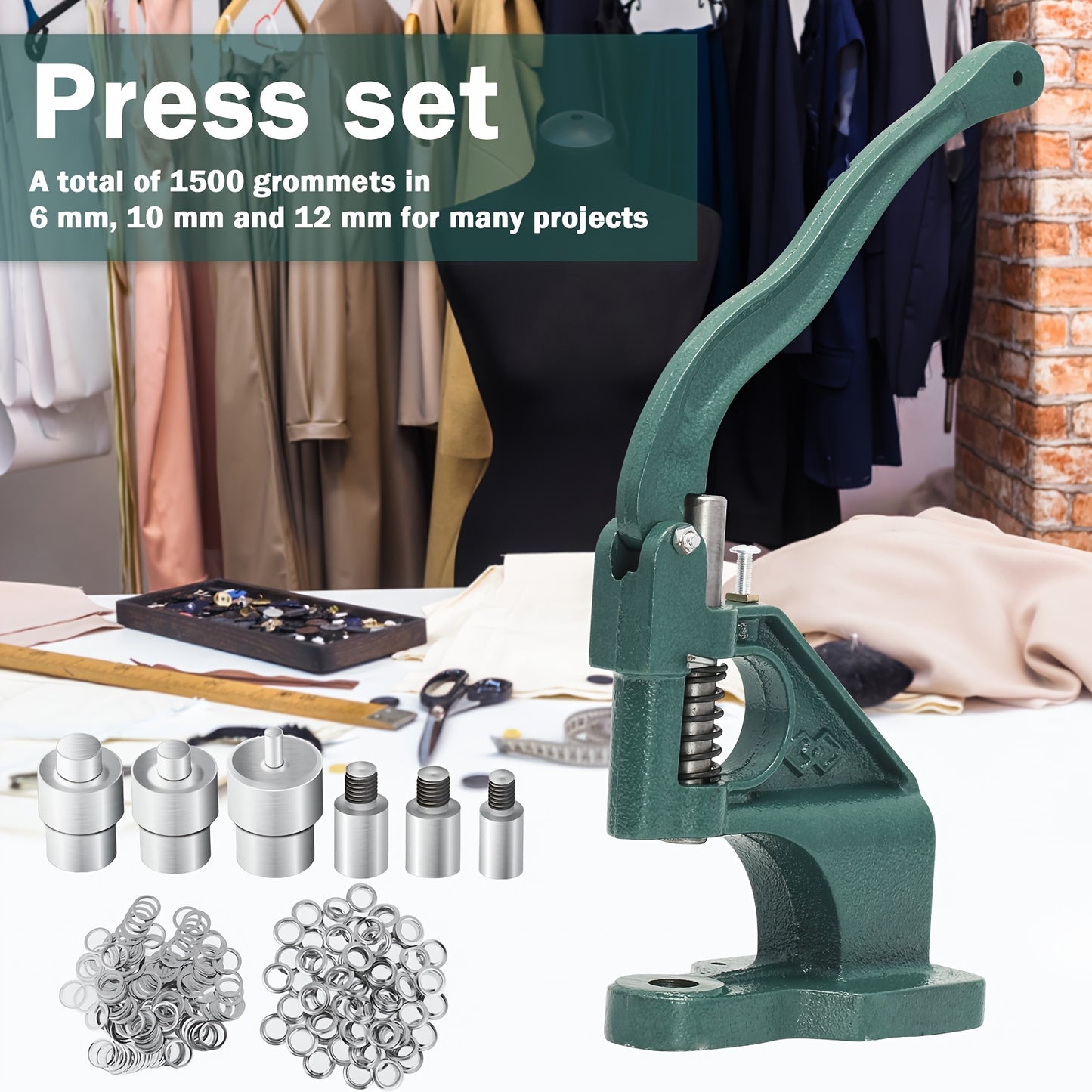 Macchina per occhielli a pressione manuale, macchina per occhielli a pressione manuale per impieghi gravosi, kit di strumenti per occhielli industriali, punzonatrice a tavolo con 3 matrici e 1500 occhielli da 6/10/12 mm