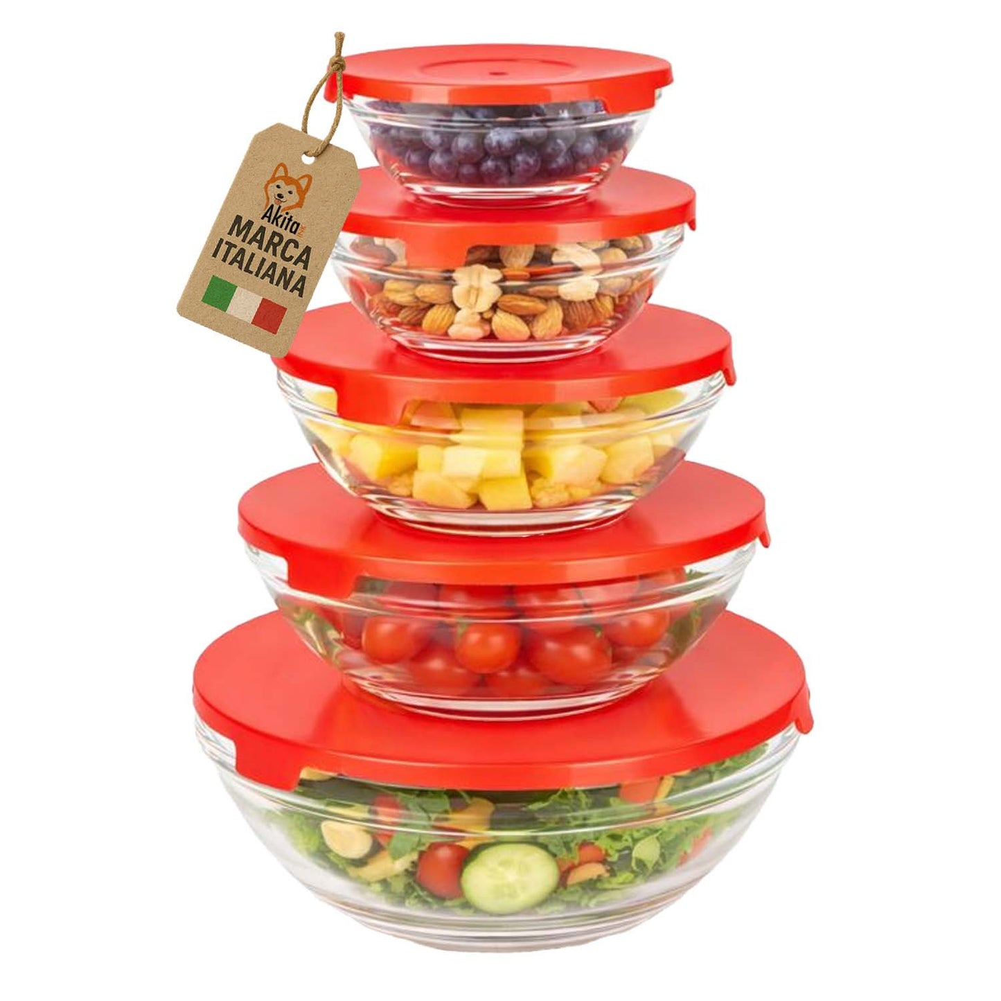 AkitaInk Set 5 Contenitori in Vetro con Coperchio Rosso - Ciotole Impilabili per Conservazione Alimenti, Frigo e Freezer - Diverse Misure