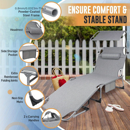 Lettino prendisole Aweioo con copertura, lettino da giardino con poggiatesta e maniglia, tasche laterali, superficie reclinabile extra larga, schienale regolabile e protezione solare, lettino da spiaggia pieghevole