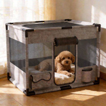 Cuccia Pieghevole Quadrata Grigia per Cani - Gabbia Traspirante in Tessuto Oxford con Porta con Cerniera e Tasche Laterali