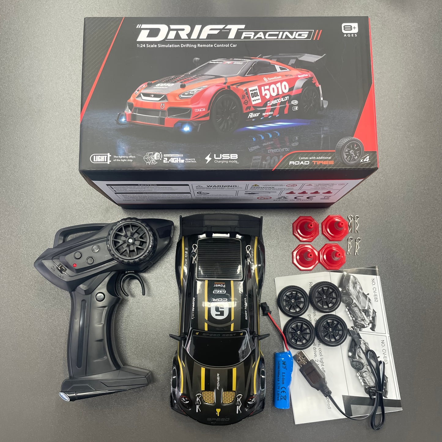 Auto telecomandata in scala 1:24 con funzione di derapata, regalo di Natale perfetto, pneumatici intercambiabili, luci colorate, controllo preciso, esperienza di derapata estrema, interruttore a doppia velocità, ricaricabile USB